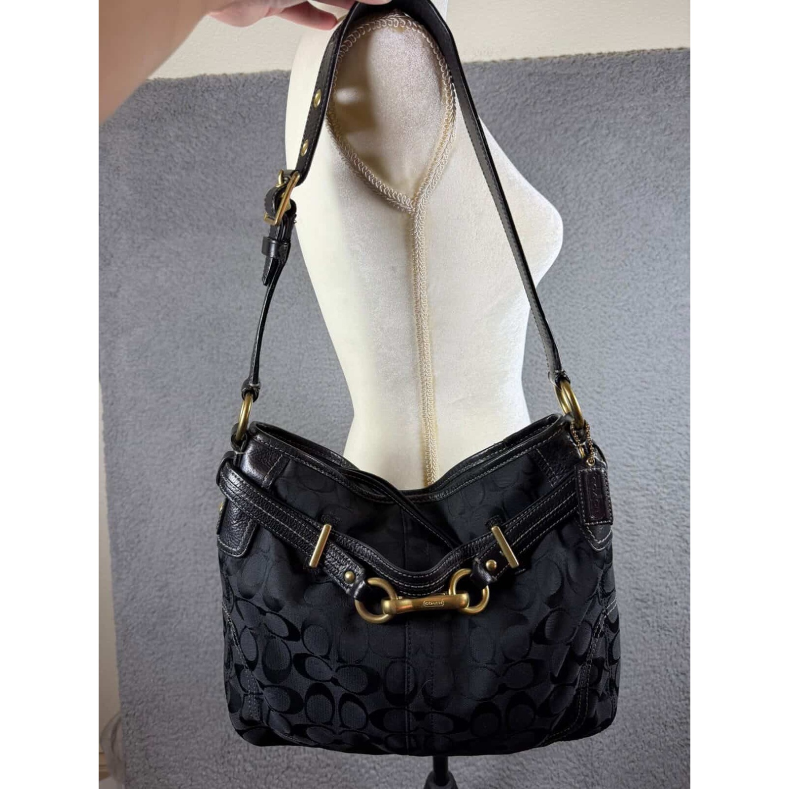 Coach Signature Black Jacquard Leather Hobo Bag Brass Horsebit 12469 Womens